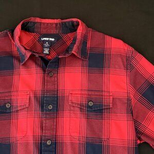 Lands End Mens Flannel Shirt Medium Reb/Black Plaid Cotton Stretch